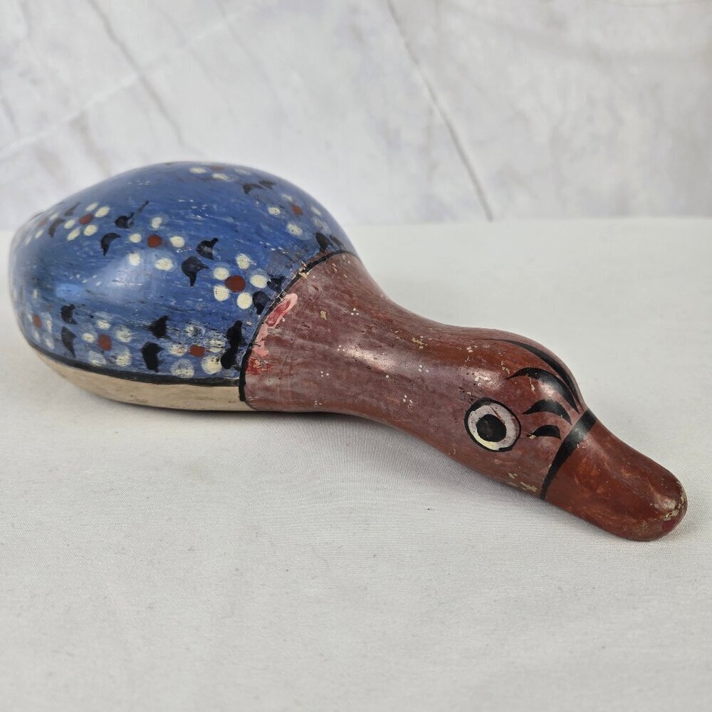 Vintage Tonala Pottery Duck Muted Tones Red Blue with Flowers